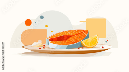 Salmon fillet served with lemon and sauce on a plate  