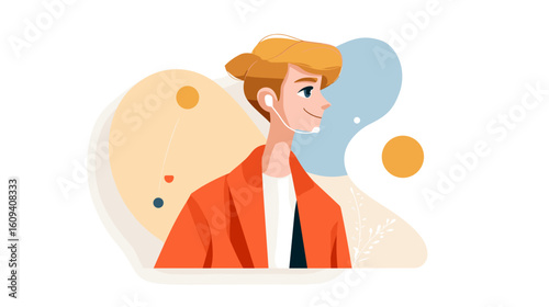 Young man listening to music with earbuds in casual style  