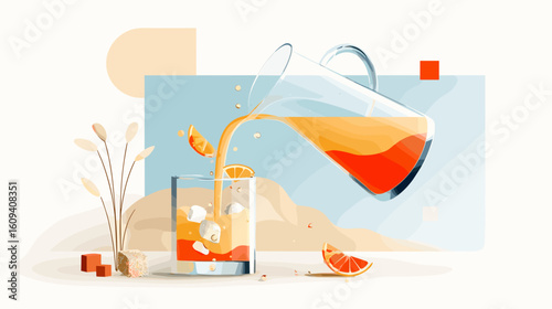 Orange juice being poured into glass with ice and citrus slices  