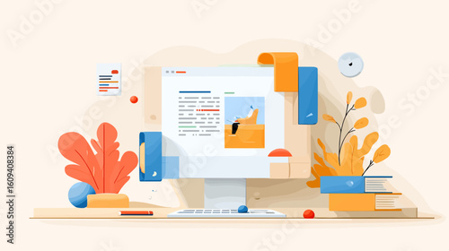 Digital workspace with computer, documents, and decorative plants  