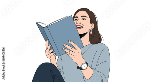 Joyful woman reading a book embracing literature for personal growth and enjoyment