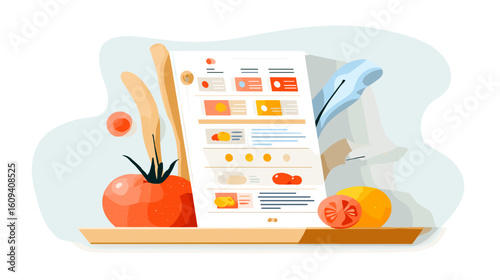 Colorful food delivery menu with fresh ingredients on a table  