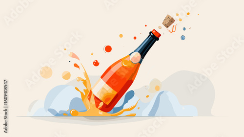 Champagne bottle bursting with splash in colorful confetti background  