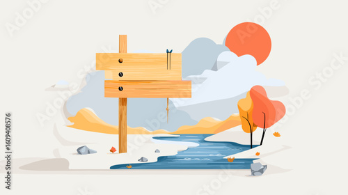 Colorful landscape with wooden signpost near a flowing river  