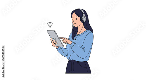 A young woman wearing headphones is using a digital tablet connected wirelessly to the internet