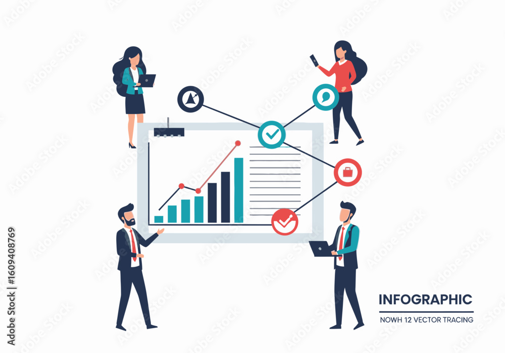 Business team collaborating on a project, analyzing data growth shown on a large infographic. Business team collaborating on a project, analyzing data growth shown on a large infographic.