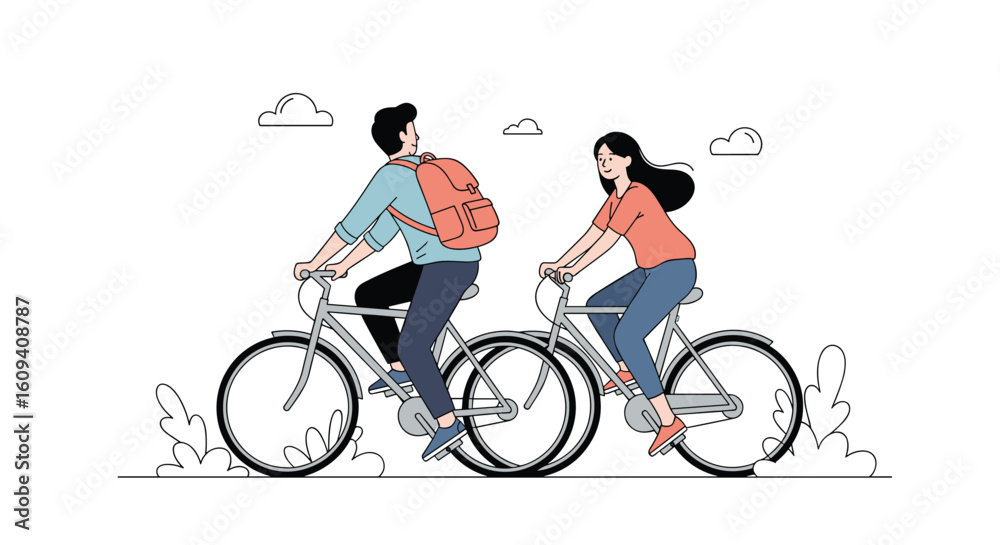 Obraz premium Two people riding bicycles together outdoors in natural surroundings