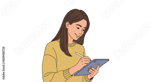 Young woman engaged in digital art creation on a tablet with a stylus skillfully drawing her next masterpiece