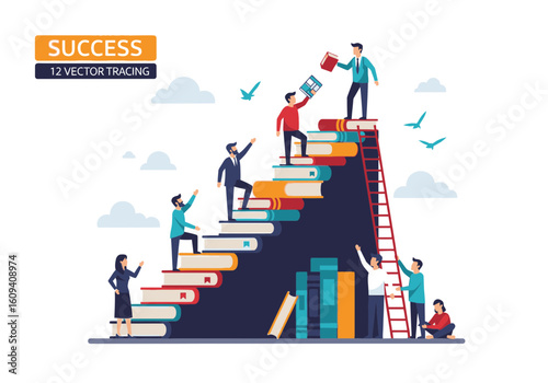 Team of people building a staircase of books to reach success.