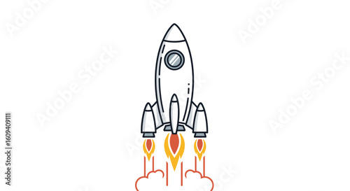 A rocket ship launching into the sky with fiery exhaust trails ascending upwards