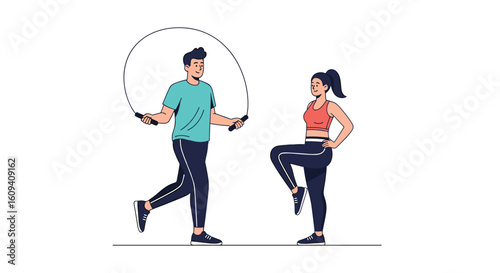 Athletic pair engaged in cardio workout with jump rope and high knees training session