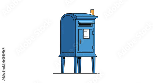 A vintage blue street mailbox stands tall on four legs against a white background