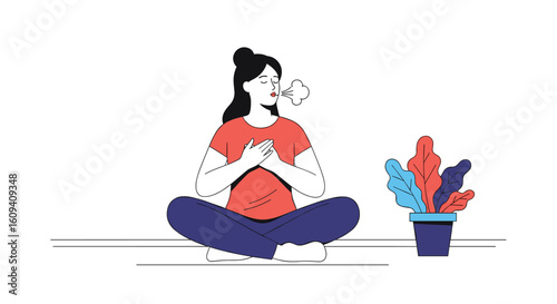 Woman practicing mindfulness deep breathing exercise for stress relief and inner peace