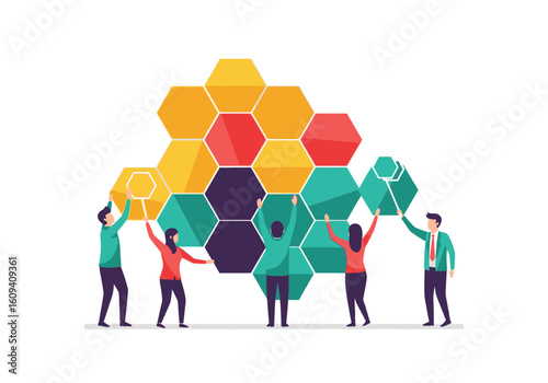 A team of people assembling a colorful honeycomb structure.