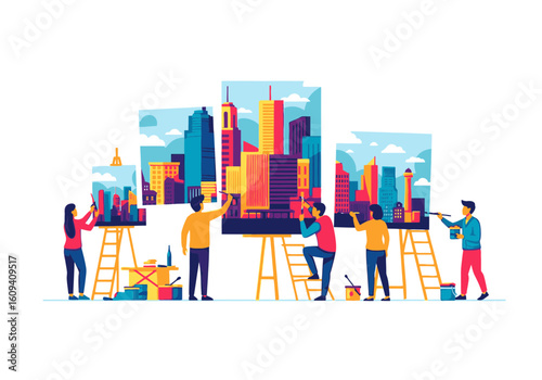 A group of artists painting vibrant cityscapes on canvases, using various tools and techniques.