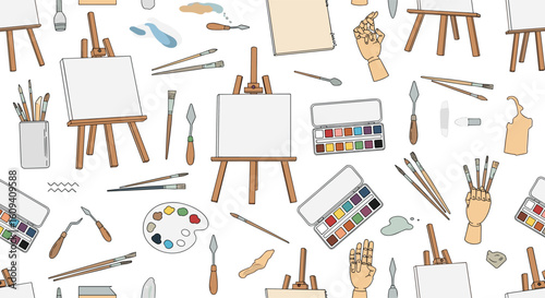 Art supplies and easels scattered across a white canvas background