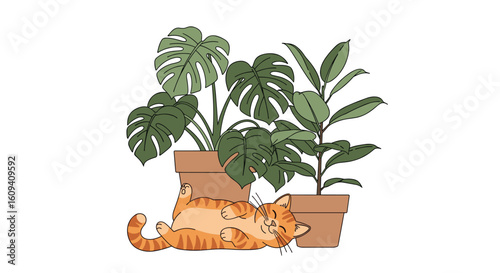 Orange tabby cat lounging among lush green houseplants in clay pots