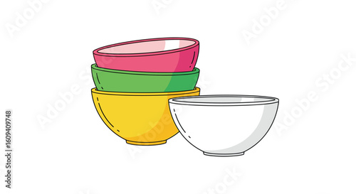 Colorful stackable kitchen bowls for serving and food preparation essentials