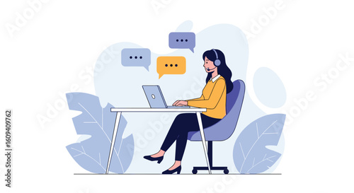 Customer support agent working remotely on laptop with headphones and chat bubbles illustrating communication