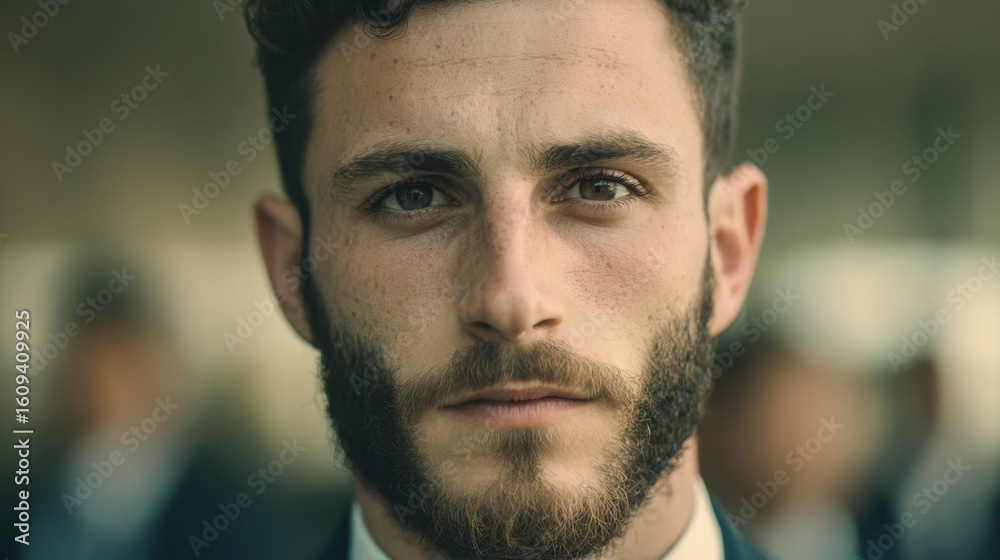 Fototapeta premium Young man with beard looking serious and confident close up