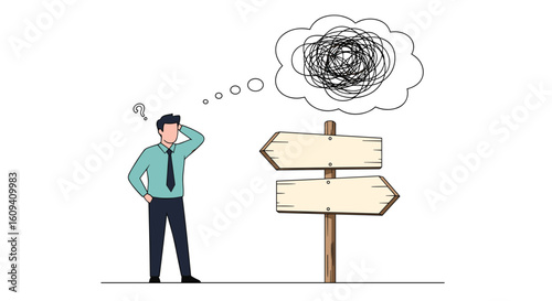 Man standing at crossroads confused about which direction to take with complex thoughts