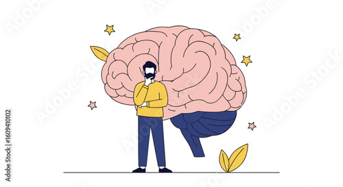 Man standing in front of large human brain illustrating cognitive abilities development