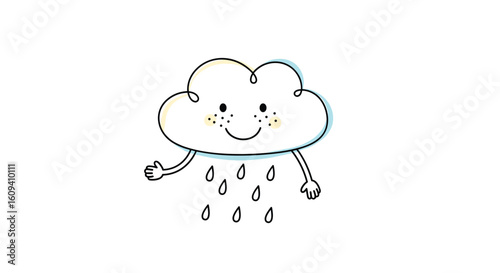 A cheerful cartoon cloud dripping water with cute freckles and waving arms