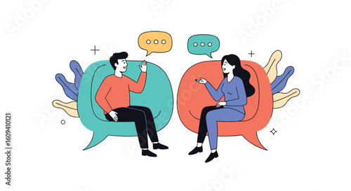Engaging conversation between two people discussing ideas with speech bubbles