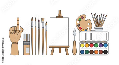Creative art supplies collection featuring wooden hand easel brushes palette and paints