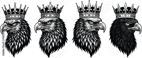 Eagle head with crown illustration, majestic bird logo, king eagle emblem, fierce bird of prey graphic, royal animal design