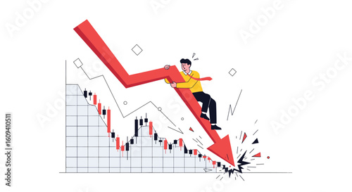 Financial market downward trend person riding red arrow with stock chart breaking illustration