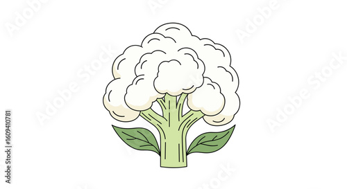 A simple cartoon illustration of a whole cauliflower with green leaves and a thick stem on a white background