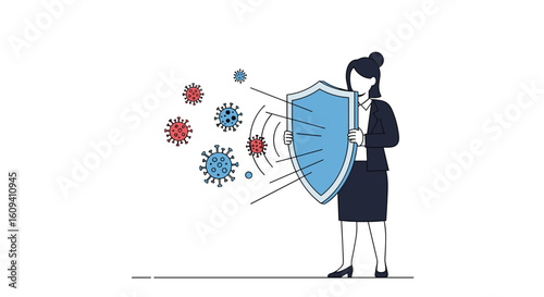 Woman protector shielding against germs bacteria viruses disease prevention health safety concept