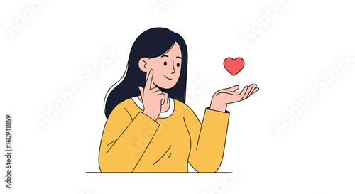 Young woman with dark hair in a yellow sweater gently holds a red heart floating above her open palm conveying kindness and affection