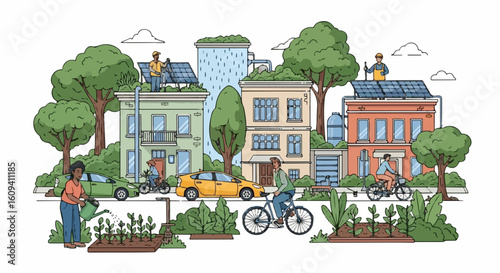 Sustentability sustainable community living with green initiatives like solar panels and urban gardening illustration vector