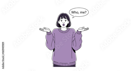 A young woman shrugs with her hands raised asking the question who me in a thinking bubble above her head