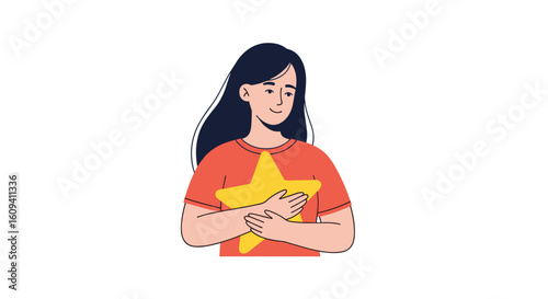 A young woman holds a bright yellow star close to her heart with a warm smile