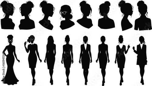 Elegant female silhouettes, diverse hairstyles, professional fashion poses, black dress styles, business woman silhouettes, stylish female profiles, modern women concept.