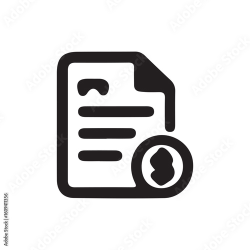 Vector art of a black outline icon of a document with a coin symbol indicating financial transaction