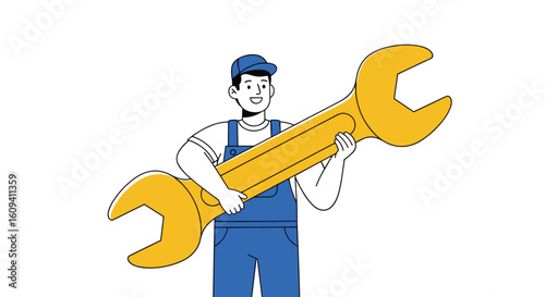 Skilled technician holding a large adjustable wrench ready for repairs and maintenance tasks