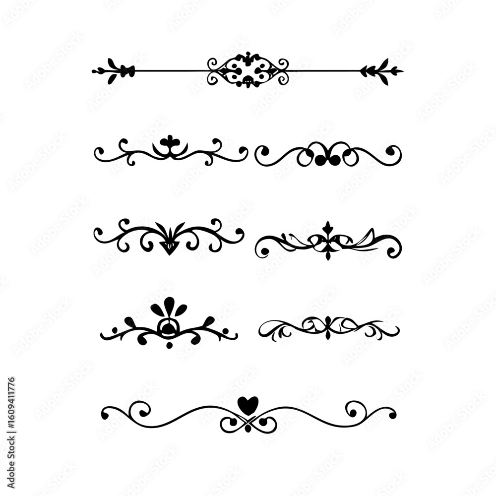 Obraz premium Decorative simple divider. Text dividers retro minimal line separators, Vector isolated geometric wedding card heart separator elements set. Text dividers. . Hand drawn vector illustration. 