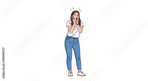 A young woman expresses astonishment and surprise while holding her mouth open in shock