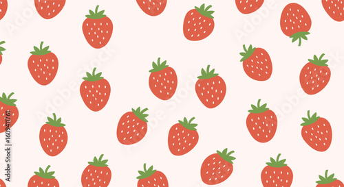 A delightful pattern of juicy red strawberries scattered across a soft pink background creating a charming and sweet visual aesthetic