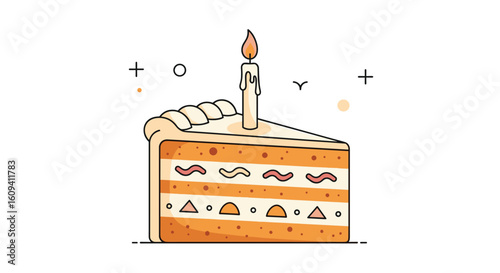 Happy anniversary celebration cake slice with one candle burning brightly