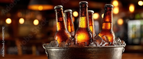 The chilled beer bottles in an ice-filled bucket at a lively bar setting.