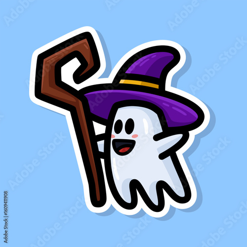 Sticker design of cute ghost wearing a purple witch hat and holding a magic wand. Adorable ghost clip art with simple and flat design suitable for support Halloween celebration