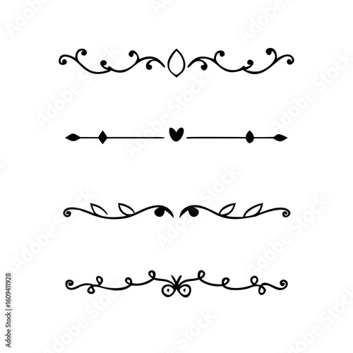 Decorative simple divider. Text dividers retro minimal line separators,  Vector isolated geometric wedding card heart separator elements set. Text dividers. . Hand drawn vector illustration. 

