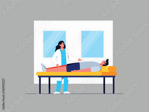 Physiotherapist treating patient's leg on examination table. Medical rehabilitation vector illustration.