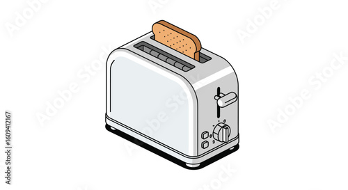 Modern kitchen appliance electric chrome toaster with bread slice ready for breakfast cooking
