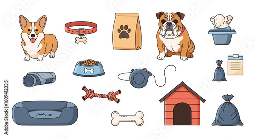 Collection of adorable canine companions and essential pet care supplies for happy dogs